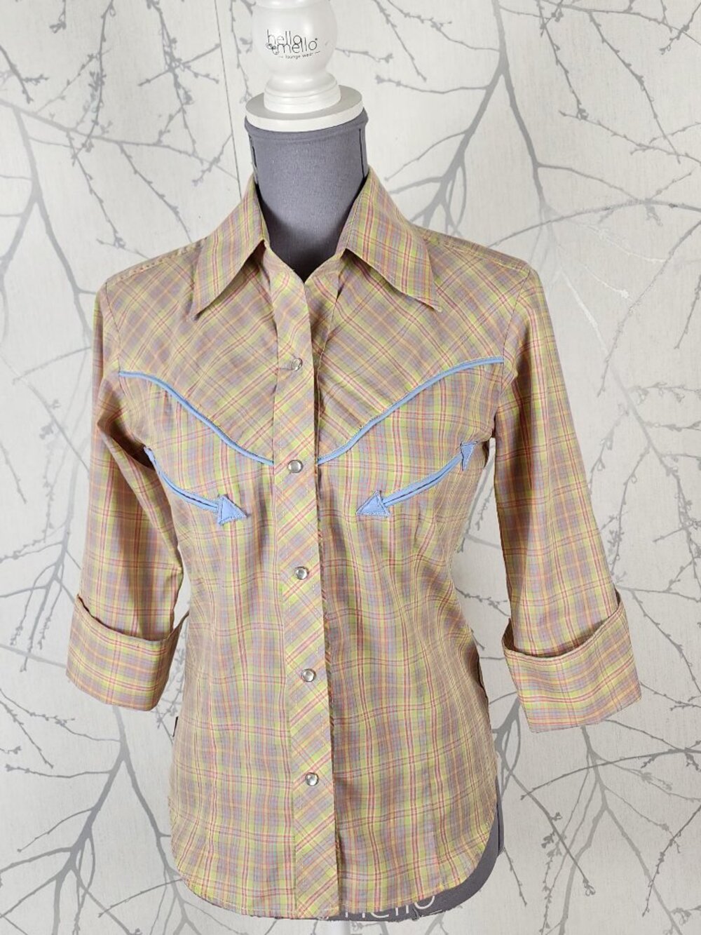 Ark Yellow Green Plaid Cotton Pearl Snap Western Blouse